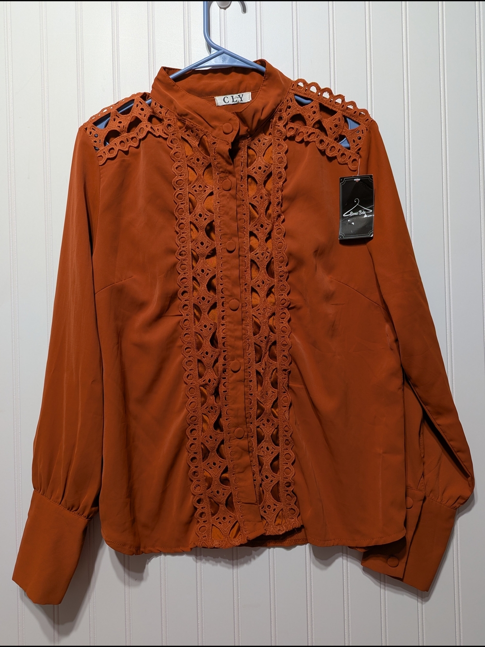 Rust Orange Lace-Trim Button-Front Blouse